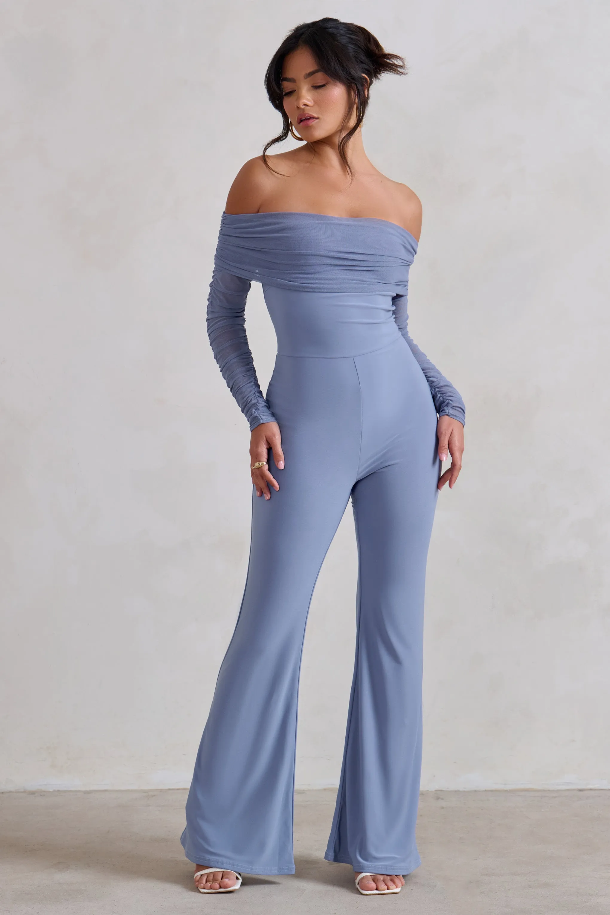 Whisper | Ice Blue Ruched Mesh Bardot Jumpsuit