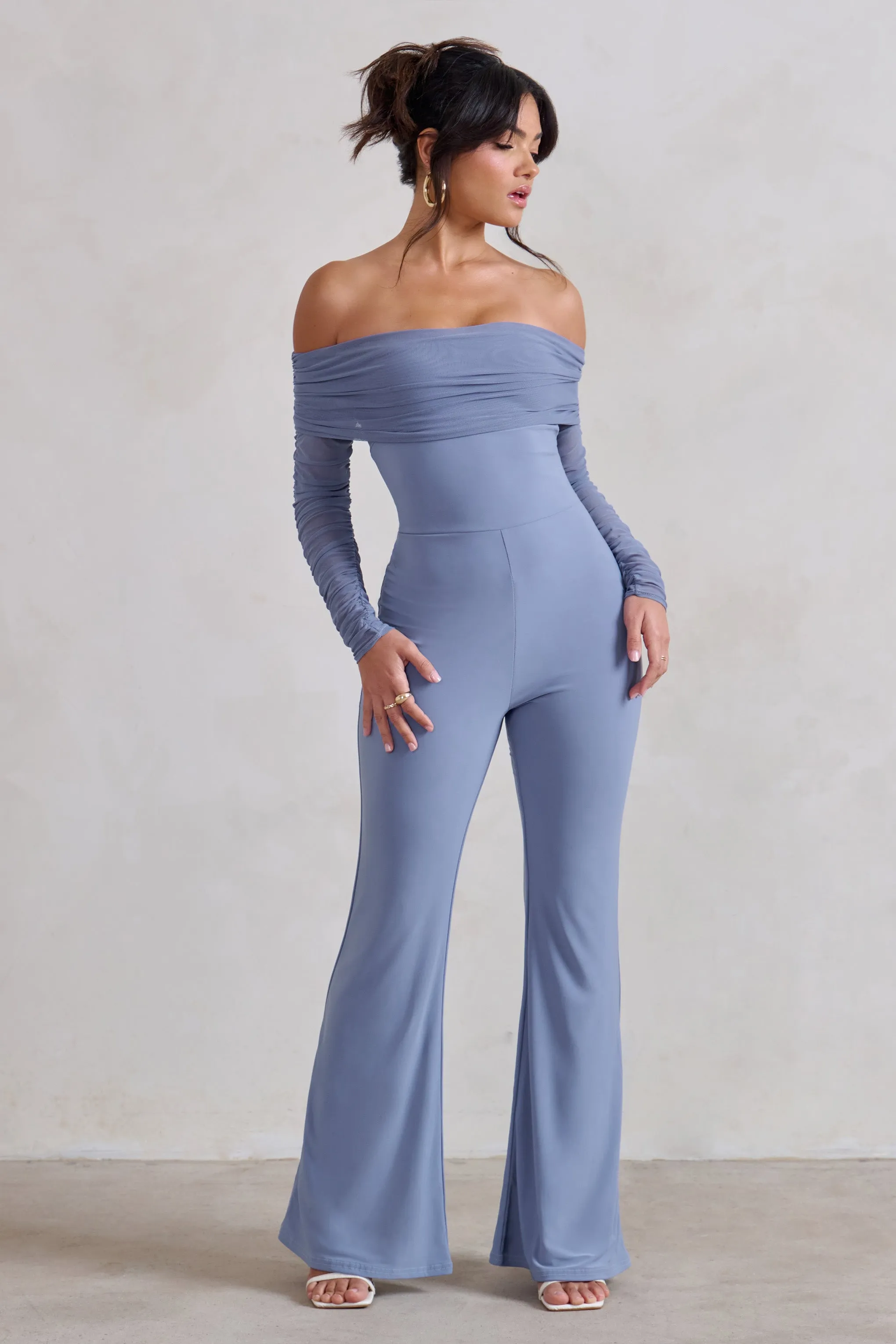 Whisper | Ice Blue Ruched Mesh Bardot Jumpsuit