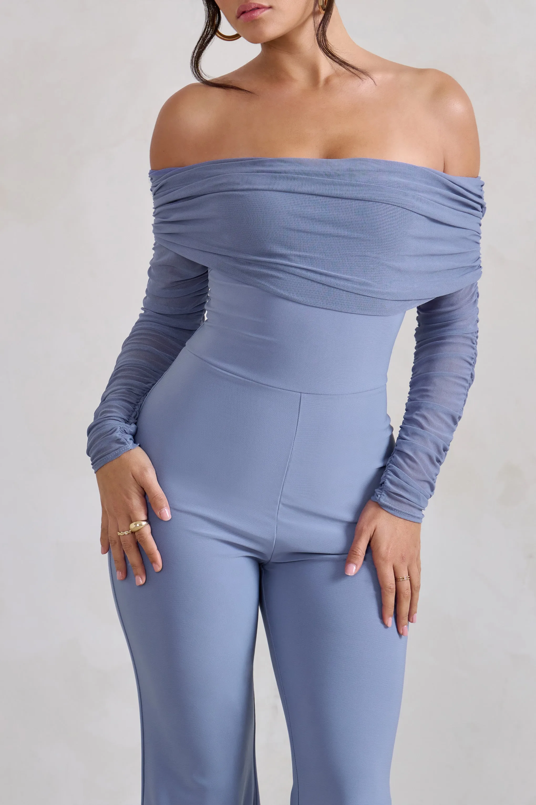 Whisper | Ice Blue Ruched Mesh Bardot Jumpsuit